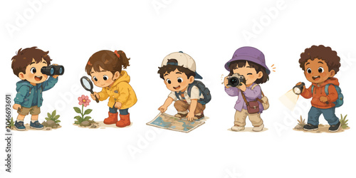 Set of cute children exploring nature and photography