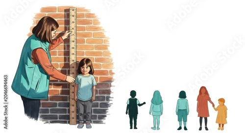 Children being measured for height growth comparison outdoors.