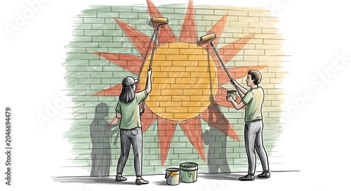 Team Collaborating Painting Sunlight Mural on Brick Wall.