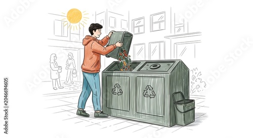 Person recycling electronic waste in urban environment outdoors.
