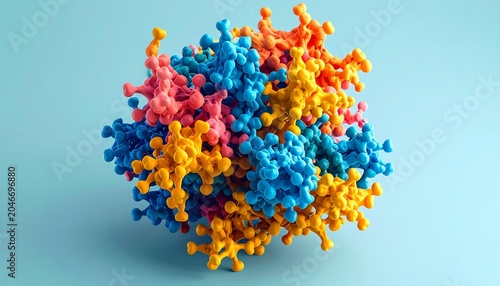 Vibrant 3D rendering of a complex biomolecule with colorful, clustered subunits.
