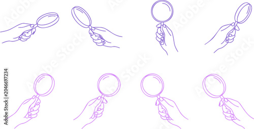 Canvastavla Hand held magnifying glass icons in purple outline style.