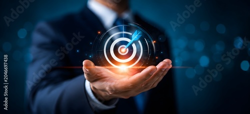 Business Target Achievement Strategy with Glowing Goal Icon and Arrow, KPI Performance, Leadership Planning, Growth Success, Corporate Objectives and Strategic Decision Making