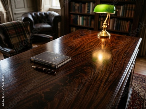 Classic Study Room Interior Vintage Wooden Desk Banker Lamp and Leather Book