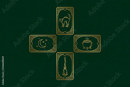 Minimalist golden tarot cross spread with mystical symbols on dark green background for Halloween fortune-telling divination and occult [copy space]