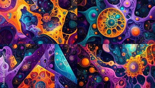 Cosmic Cellular Division: A Vibrant Psychedelic Abstract Collage