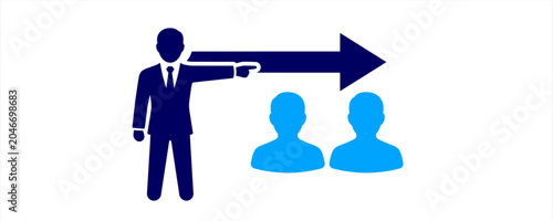 Business Leadership icon. Flat Icon, manager, direction, arrow guidance, team members, strategy planning, leadership concept, workforce, corporate communication