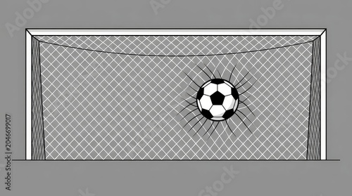 Graphic illustration of soccer ball hitting goal net on grey background.