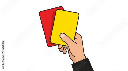 A hand holding up a red card and a yellow card against a plain white background, commonly used in sports.