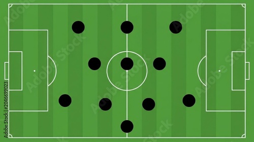 A schematic diagram of a green soccer pitch with black circles representing player positions.