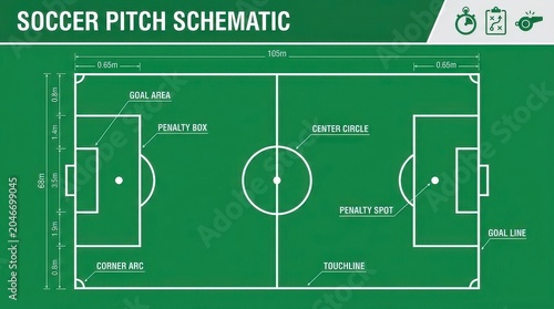 A detailed soccer pitch schematic with dimensions and labeled areas for sports education.