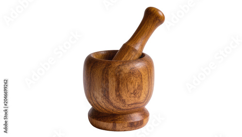 Bilde på lerret Isolated natural wood mortar and pestle, essential kitchen tool for crushing spi