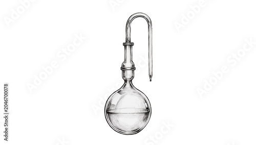Konstfotografi Isolated vintage chemical laboratory glassware with curved tube and liquid, hand