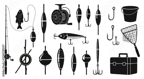 Obraz na plátně Fishing icons, black silhouette set, 25 vector graphics, fishing gear, tackle, e