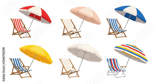 Beach chairs, colorful beach umbrellas, outdoor furniture, summer accessories, vector icons