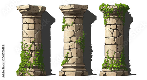 Roman stone pillars, ancient columns, stone pillars with ivy, vector columns
