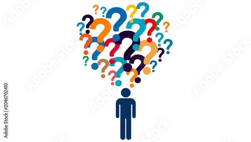 Fotografía Isolated abstract person with many colorful question marks symbolizing confusion and inquiry