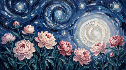 Minimalist Moonrise Peony Mother's Day Oil Painting Wallpaper Background