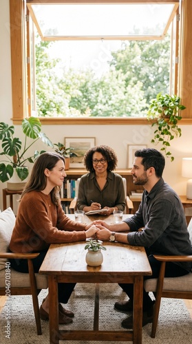 Couple holding hands during therapy session with counselor in a bright room