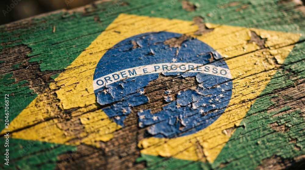 Obraz premium Textured brazilian flag symbol painted on distressed wooden board with weathered