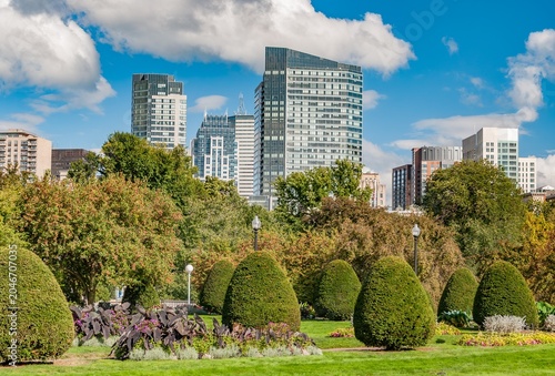 Bostons Gardens and Skyline on an Autumn Day, Massachusetts