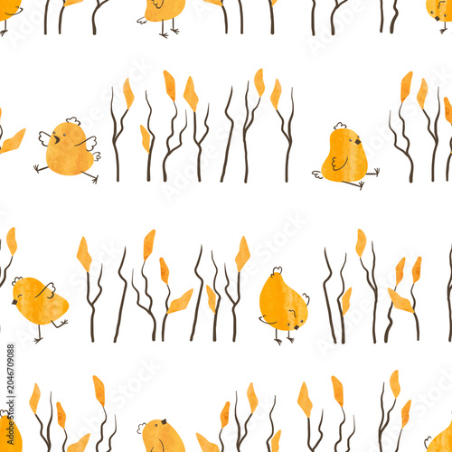 Cute yellow chickens and branches seamless pattern. Vector Easter illustratio...