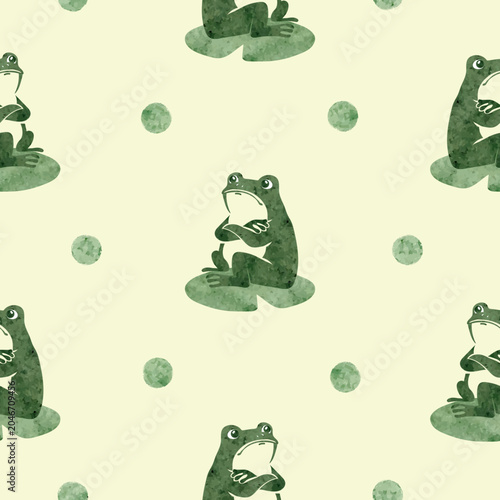 Cute watercolor grumpy frog pattern. Seamless vector print