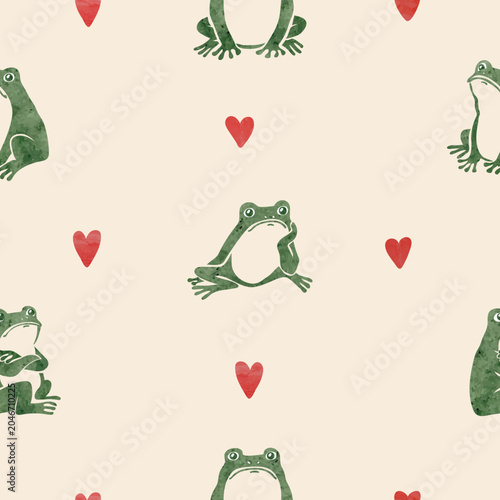 Cute frog in love seamless pattern. Vector print with upset toads