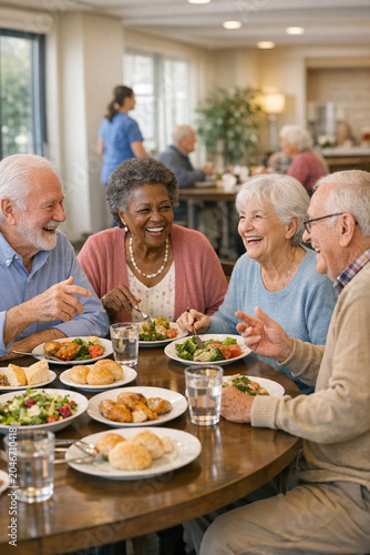 Four elderly friends enjoying a meal together.