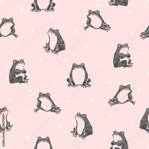 Cute frogs seamless pattern. Vector print with comic upset toads