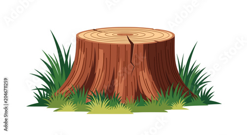 Tree stump, grassy surroundings, vector illustration, brown trunk, green grass