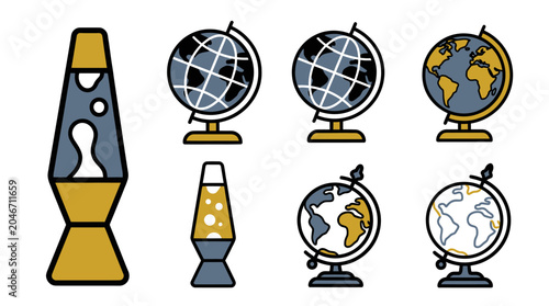 Tableau sur toile Decorative lava lamps and world globe icons collection.