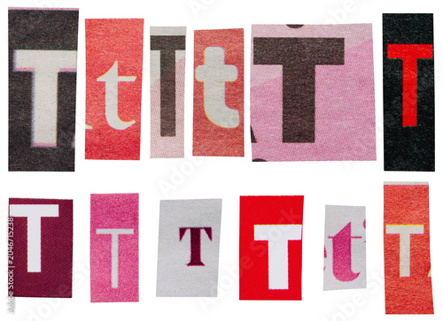 Cut out red and pink letters T set from retro newspapers and magazines isolated alphabet design