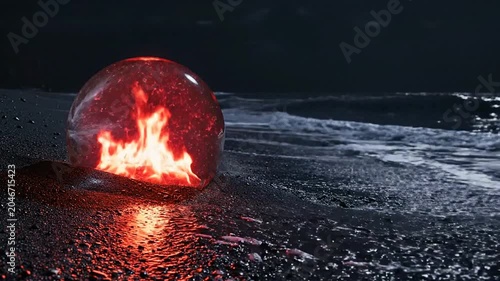 A glass orb containing fire sits on a dark beach at night.