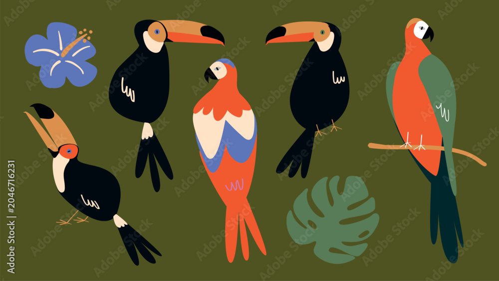 Fototapeta premium Colorful vector of tropical toucans and leaves on olive background