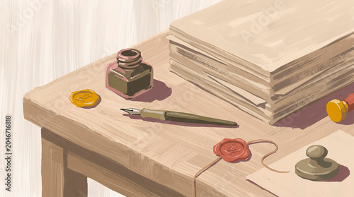 Vintage wooden writing desk with quill pen ink and blank paper sheets for autumn harvest journaling literature and rustic creative work [copy space]