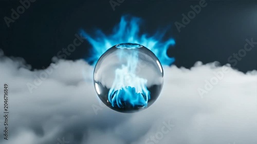 A glass orb engulfed in vibrant blue fire rises above the clouds.