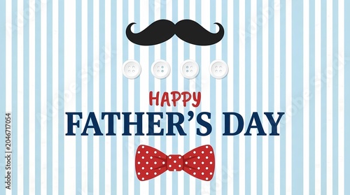 Father's Day celebration with mustache and bow tie on striped background with happy greeting