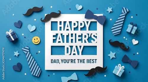Happy Father's Day celebration with gifts and mustaches on blue background
