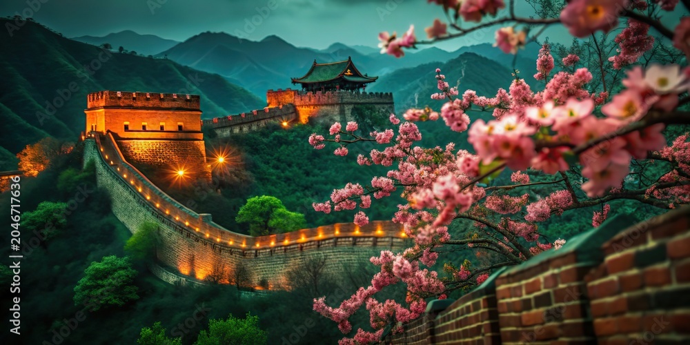 Obraz premium Great Wall of China with Cherry Blossoms at Sunset Mountain Landscape