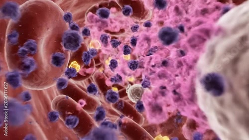 Intricate 3D Animation Illustrating Food Allergy Reaction Concept with Immune Cells Targeting Allergens Amidst Red Blood Cells