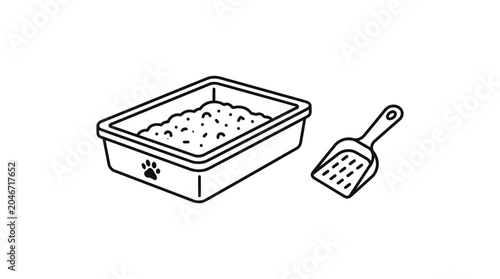 Cat litter box and scoop line art icons.