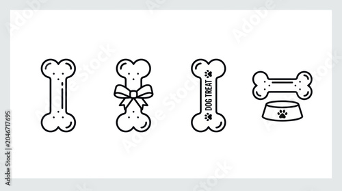 Decorative dog bone treats and food bowl line icons.