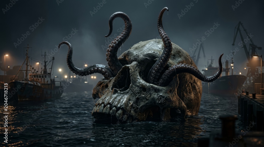 Obraz premium Monstrous skull with long fangs and tentacles emerging from dark water near a nighttime industrial port