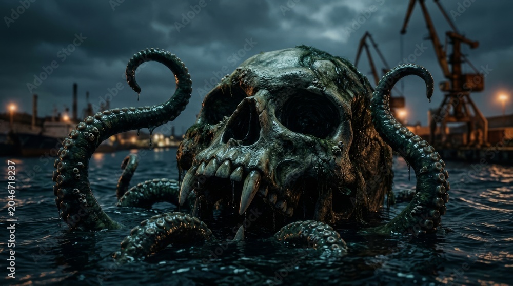 Obraz premium Monstrous skull with long fangs and tentacles emerging from dark water near a nighttime industrial port