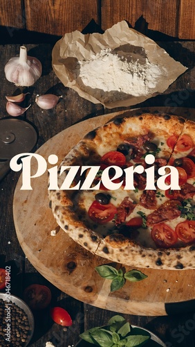 Pizza Pizzeria with Text Wooden Background Vertical Backgrounds Fast Food digital banner abstract template futuristic retro wallpaper creative content glossy pattern backdrop modern minimal copyspace 