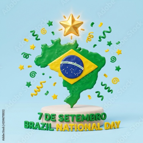 Brazil independence day map with confetti and gold star celebration