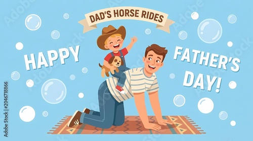 Father and son enjoy horseback ride on Father's Day with happy dog