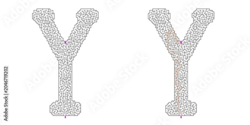 Alphabet letter Y upsilon Abstract outline shaped maze puzzle vector with answer with purple arrows showing direction , graphic illustration for Kids activity page, Printable game and books publishing