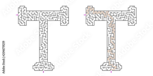 Alphabet letter T Tau outline shaped maze puzzle vector with answer in red lines with purple arrows showing direction , graphic illustration for Kids activity page, Printable game and books publishing
